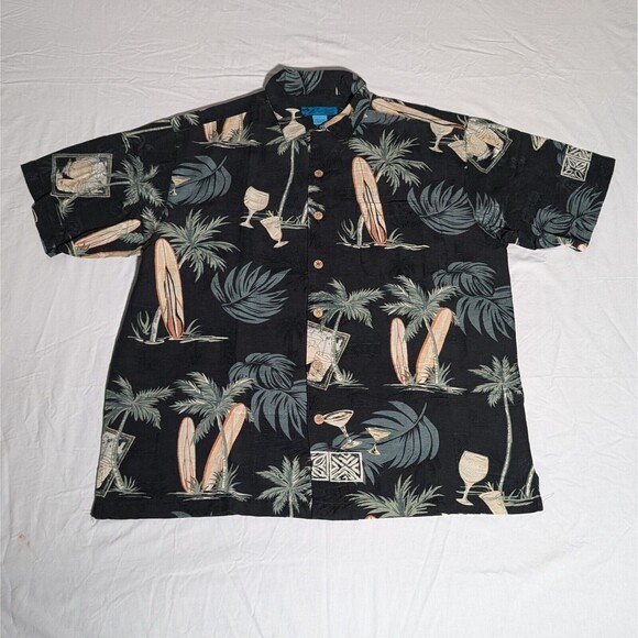 Men's Black Surfboards Cocktails Palm Trees Hawaiian Shirt Paradise Blue Large - Picture 1 of 4